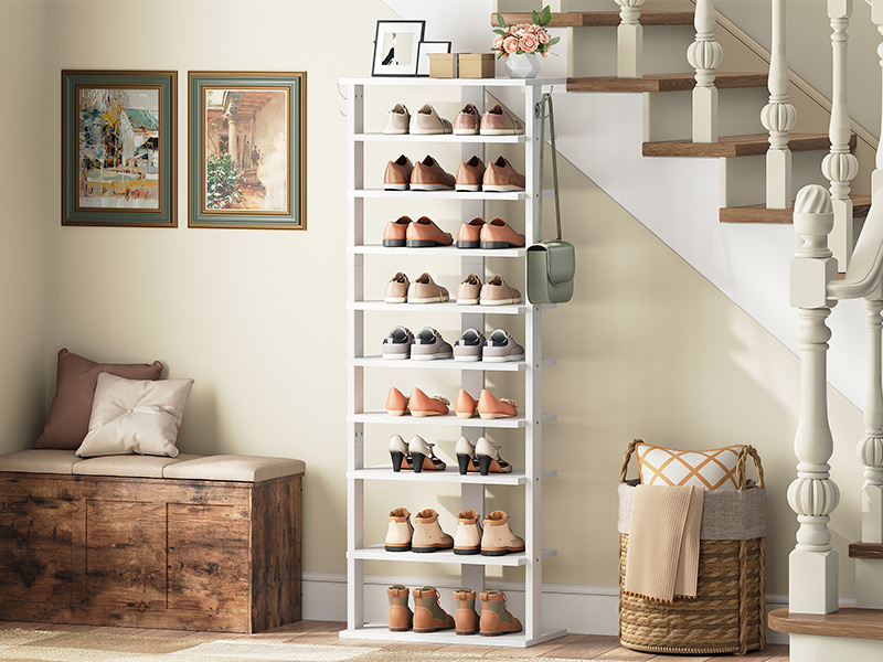 White 10-Tier Vertical Wooden Shoe Rack with Side Hooks, 20-Pair Narrow Storage Tower, Space-Saving Organizer for Entryway, Living Room and Bedroom
