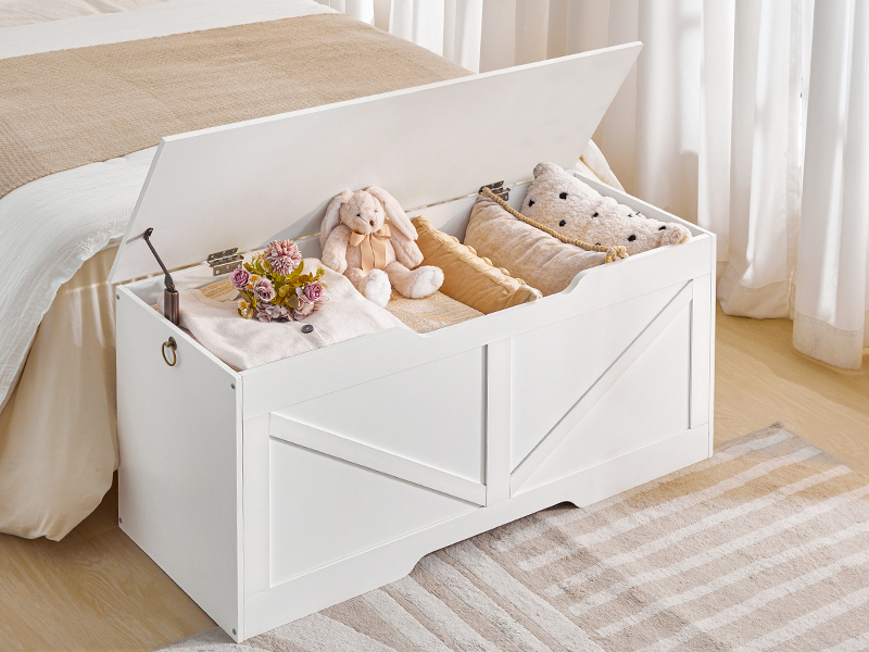 مقعد تخزين مع غطاء, صندوق تخزين الألعاب بمقابض, 110سم صندوق مستقر قوي, مناسبة للأطفال, المدخل, غرفة الجلوس, أبيض