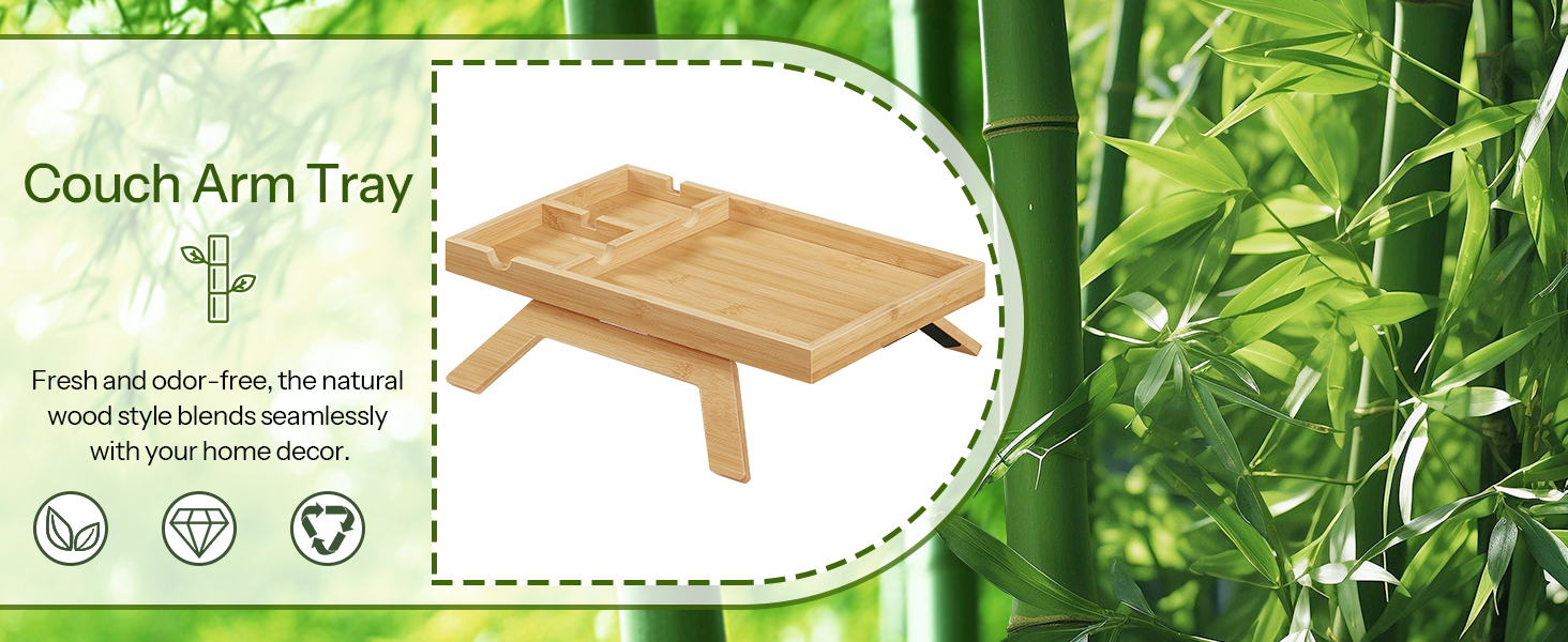 طاولة صينية مسند ذراع لأريكة الخيزران, طاولة جانبية على شكل أريكة بمشبك مع حاملات أكواب مزدوجة, صينية تخزين متعددة الوظائف للمشروبات, الوجبات الخفيفة وأجهزة التحكم عن بعد, لمسة نهائية من الخيزران الطبيعي