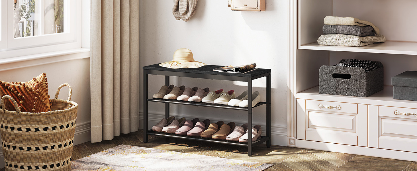3-مقعد تخزين الأحذية الطبقة, منظم الأحذية الصناعية مع أرفف شبكية, 74.93سم مقعد الدخول, تجميع سهل, أسود, للدخول, غرفة الجلوس, المدخل