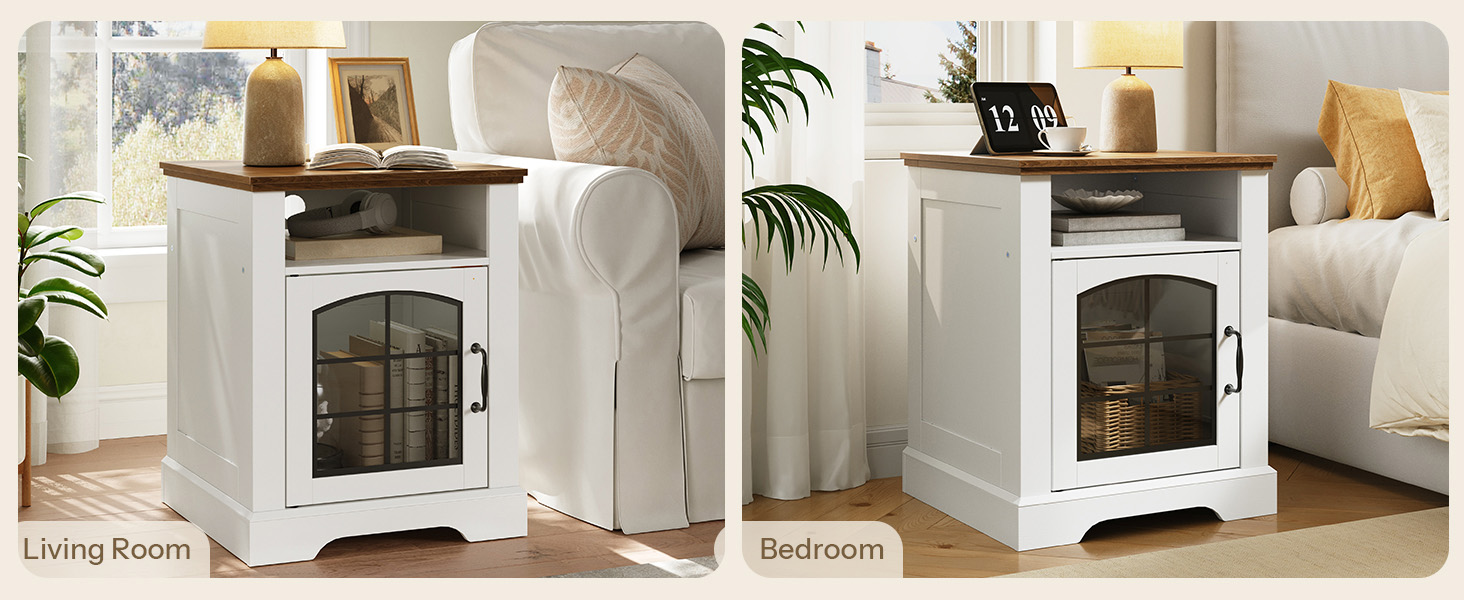 Farmhouse Style End Table with Charging Station, 45cm Wide Nightstand, White & Walnut Wooden Sofa Side Table with Tempered Glass Barn Door and Open Shelf