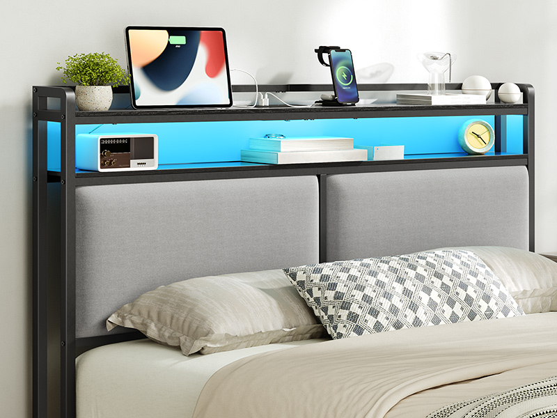 Queen-Size Upholstered Headboard with Integrated Charging Station & Регулируемое светодиодное освещение, 2 Розетки переменного тока & 2 USB-порты, Double-Tier Storage Design, Легкая сборка, Черный & Gray Finish