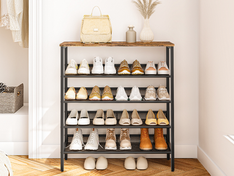 tani stojak na buty, 5-ZAWIETANIE BUTÓW WYNDU PŁATNE & Slant Regulowanego Organizatora Butów 16 pary, trwałe i stabilne, do wejścia, korytarz, gabinet, pokój w akademiku, przemysłowy, Rustykalny brąz