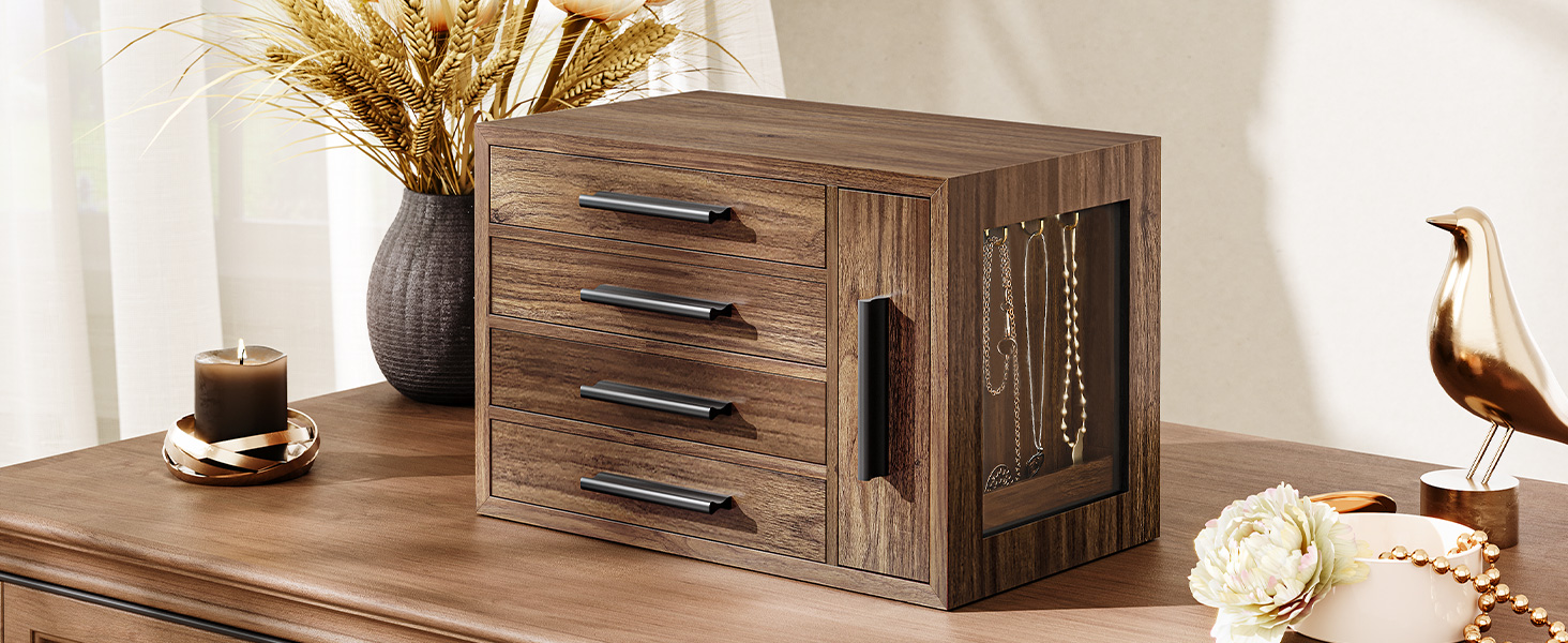 Walnut & Black Wooden Jewelry Organizer Box, 4-Layer Storage Case with Transparent Window, Suitable for Earrings, Necklaces, Rings and Cosmetics