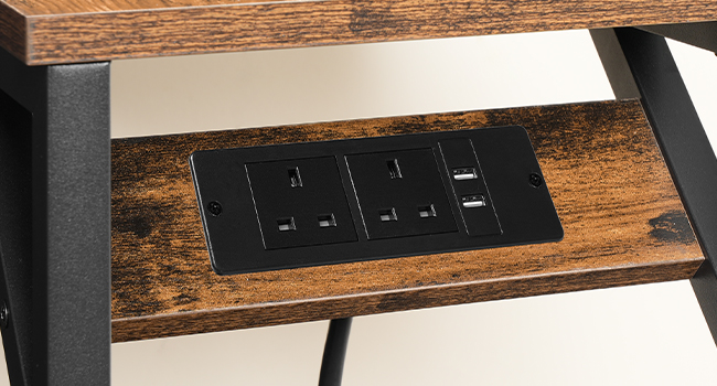 C-vormige bijzettafel, SOFA -tafel met laadstation, laptoptabel voor bank, 2 USB -poorten 2 AC -verkooppunten, smal nachtkastje met kracht, woonkamer, slaapkamer, Rustiek bruin en zwart