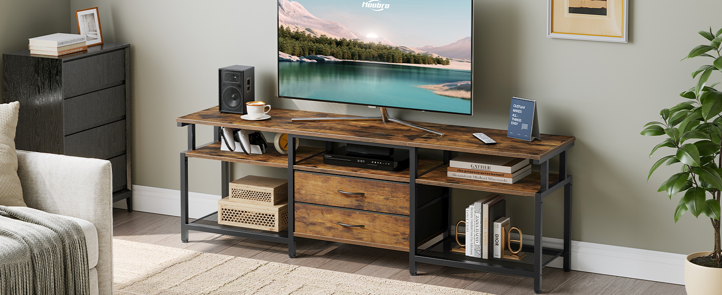 TV Stand Unit, Media Console Table with Open Storage Shelves and 2 Gavetas de tecido, Adequado para sala de estar, Quarto, Rústico Marrom e Preto