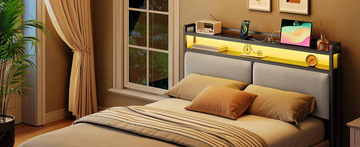 Queen-Size Upholstered Headboard with Integrated Charging Station & Регулируемое светодиодное освещение, 2 Розетки переменного тока & 2 USB-порты, Double-Tier Storage Design, Легкая сборка, Черный & Gray Finish