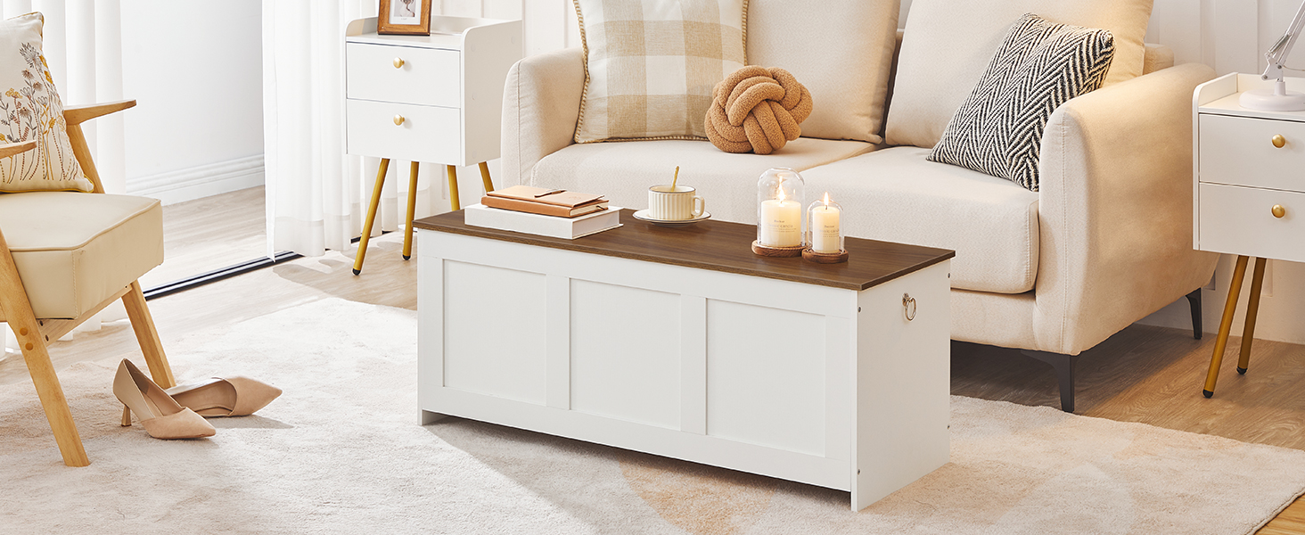 مقعد التخزين, 100CM الصدر التخزين الخشبي الرجعية, صندوق التخزين الخشبي, لعبة صندوق مع أعلى رفع, منظم المدخل متعدد الوظائف, للدخول, غرفة الجلوس, الأبيض والجوز