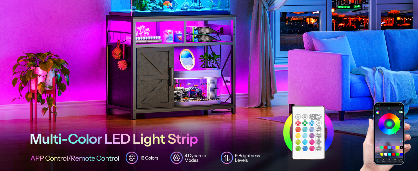 90 -115L Fish Tank Stand with Power Outlet and LED Light, Metal Frame Aquarium Stand with Cabinet Storage, Suitable for Reptile and Turtle Tanks, 199.58kg Load Capacity, Black