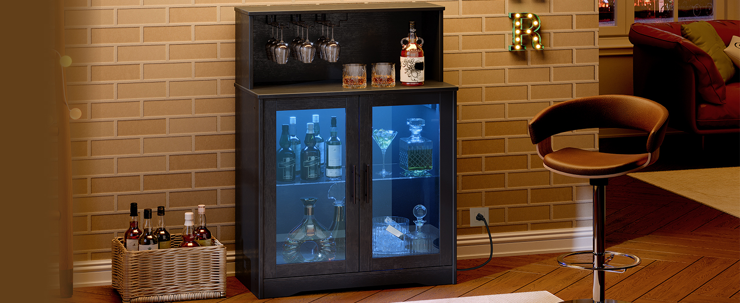 Wine Bar Cabinet with Storage, LED Liquor Cabinet with Power Outlets, Tempered Glass Door Coffee Bar Cabinet for Liquor and Glasses, Suitable for Bar, Dining Room, Kitchen, Black