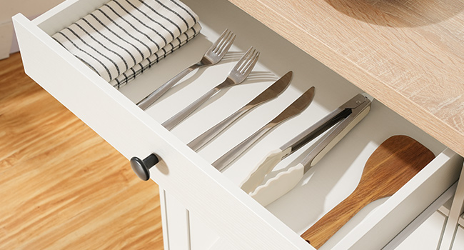 43.3-Inch Rolling Kitchen Island with Power Outlet, Mobile Storage Cart with Spice Rack & Hooks, Multi-Functional for Dining & Living Room, White & Natural Finish