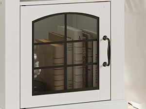 Farmhouse Style End Table with Charging Station, 45cm Wide Nightstand, White & Walnut Wooden Sofa Side Table with Tempered Glass Barn Door and Open Shelf