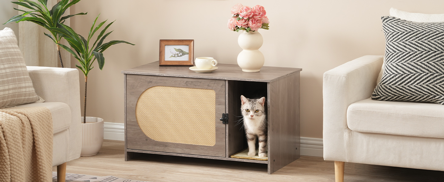 Cat Litter Box Enclosure with Faux Rattan Door, Multi-Functional Cat Furniture with Adhesive Scratching Mat, Pet Litter Cabinet Convertible to Coffee Table, Greige