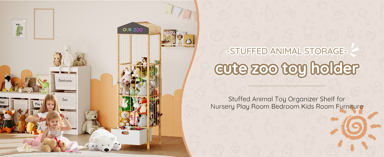 HOOBRO Stuffed Animal Storage & Organizer, Bamboo Stuffed Animal Holder with Fabric Drawer and DIY Chalkboard, Plush Toy Organizer for Playroom, Living Room, Nursery, Natural and Beige