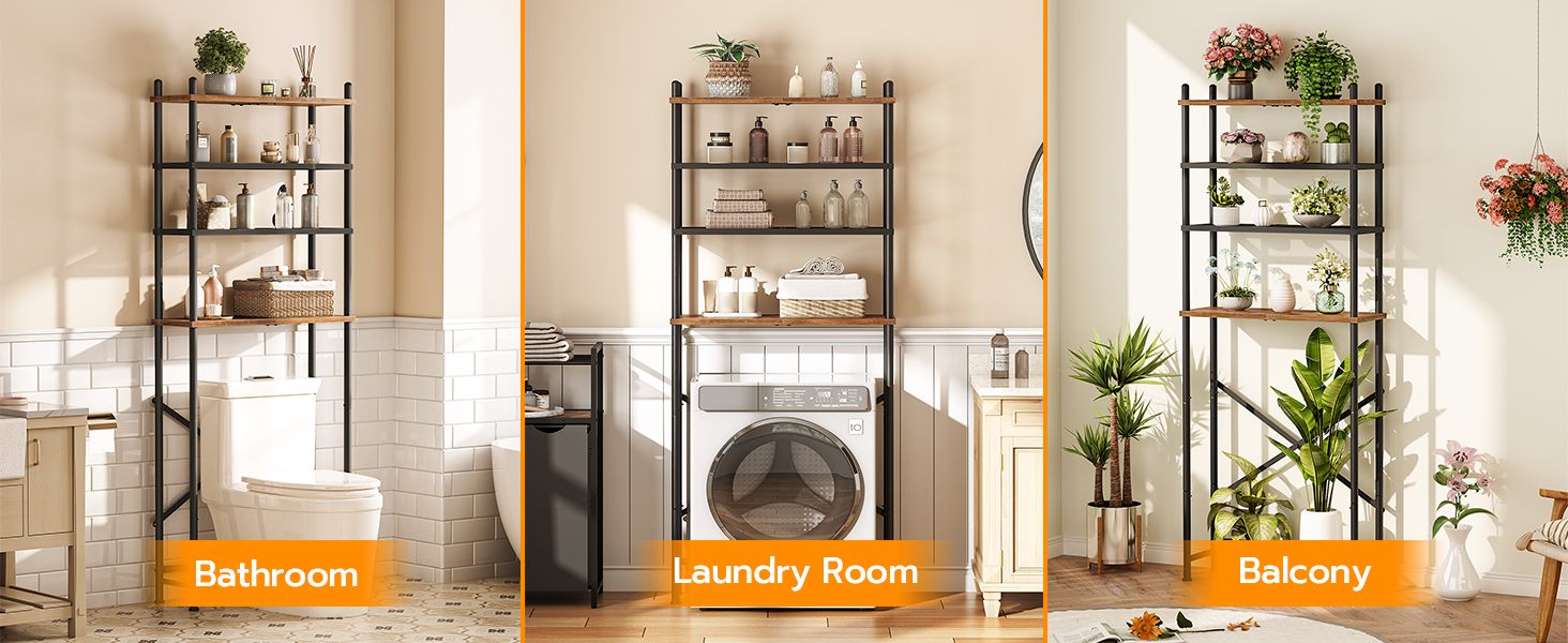 4-Tier Freestanding Over-The-Toilet Storage Organizer, Space-Saving Above-Toilet Shelf with Adjustable Feet, Easy Assembly, Rustic Brown and Black