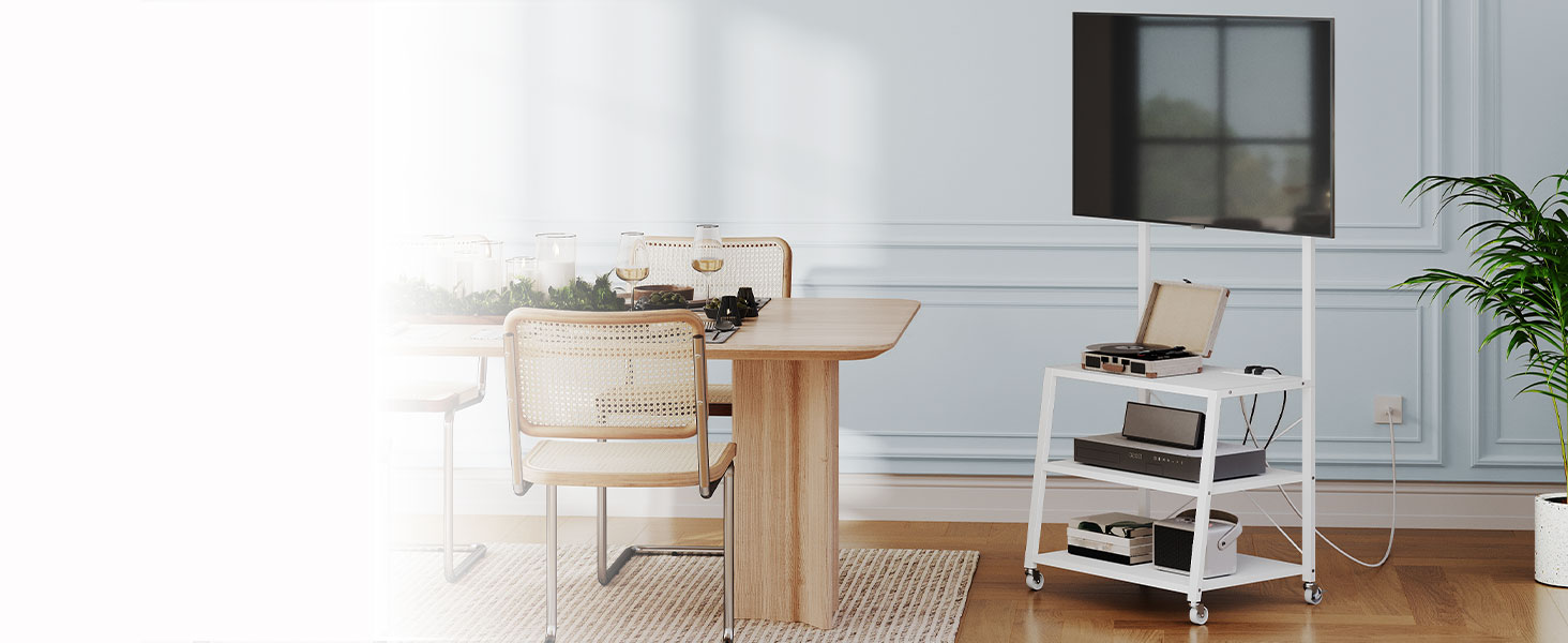 White Mobile TV Stand with Mount and Power Outlet, Compatible with Up to 55-Inch TVs, Corner Entertainment Center with 3-Tier Storage Shelves for Living Room and Bedroom