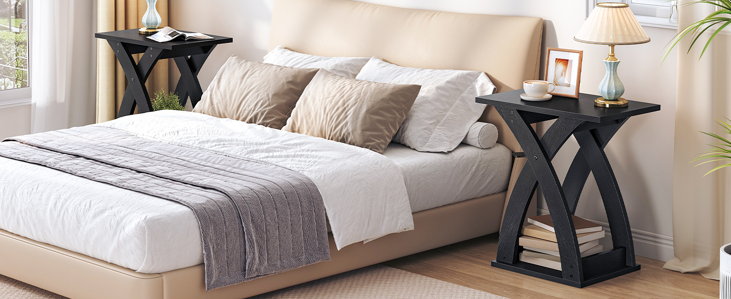 Narrow End Table with X-Shaped Support Structure, 2-Tier Slim Side Table with Storage Shelf, Space-Saving Bedside Furniture for Living Room, Bedroom and Compact Spaces, Black Finish