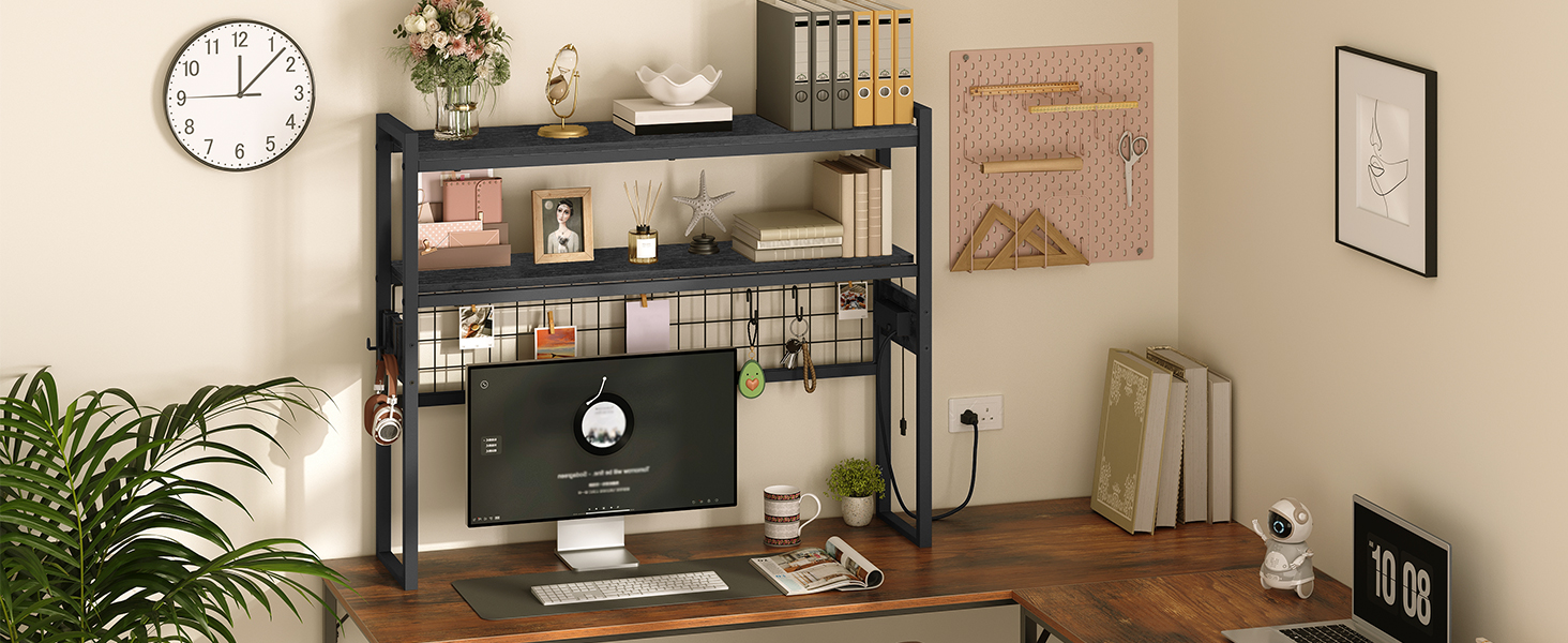 Desktop Bookcase, 2-Tier Desktop Organizer, 95.0cm Wooden Office Storage Rack with Outlets, Display Shelf Rack with Light Strip, Desk Hutch for Office, Black