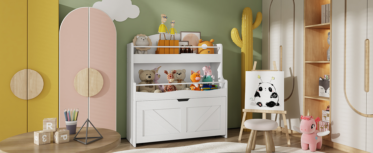 White Children's Bookshelf and Toy Storage Organizer, Equipped with Movable Drawer and Crossbar, Multi-Functional Bookcase for Display, Suitable for Playroom or Nursery