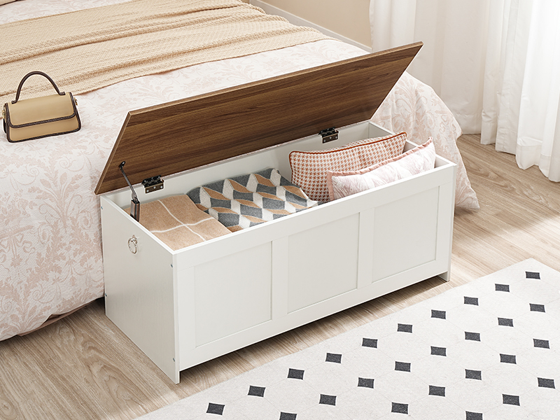 مقعد التخزين, 100CM الصدر التخزين الخشبي الرجعية, صندوق التخزين الخشبي, لعبة صندوق مع أعلى رفع, منظم المدخل متعدد الوظائف, للدخول, غرفة الجلوس, الأبيض والجوز