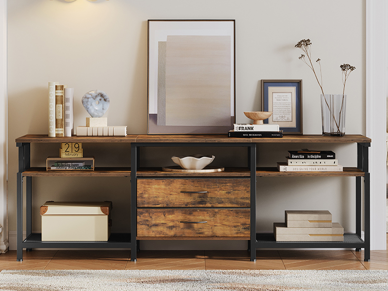 TV Stand Unit, Media Console Table with Open Storage Shelves and 2 Gavetas de tecido, Adequado para sala de estar, Quarto, Rústico Marrom e Preto