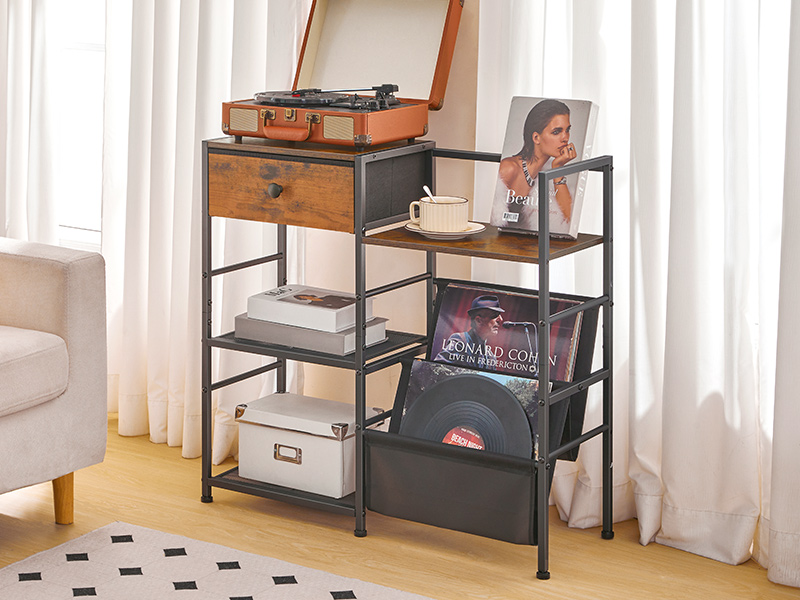 HOOBRO Record Player Stand with Vinyl Storage, Turntable Stand with Record Storage and Display Shelf, Media Cabinet with Drawer for Living Room, Bedroom,Rustic Brown