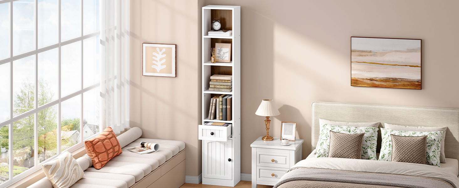 180cm Tall Narrow Bookcase with Storage Cabinet and Adjustable Shelves, White & Walnut Space-Saving Storage Shelf for Office, Living Room and Bedroom