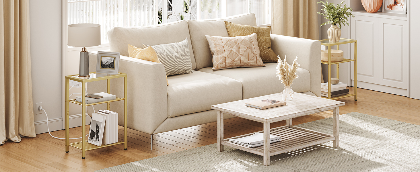 3-Tier End Table with Integrated Charging Station, Tempered Glass Side Table Equipped with USB Ports & Outlet, Modern Gold Metal Frame Nightstand with Storage Shelves for Living Room & Bedroom