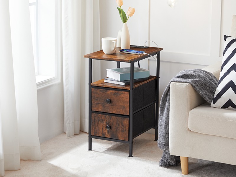 Narrow Bedside Table with Charging Station, Equipped with 2 Non-Woven Drawers, Slim Side Table with USB Ports and Power Outlets, Space-Saving Design for Small Areas, Rustic Brown and Black