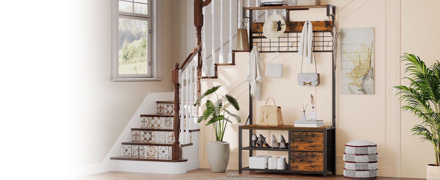 Hala strom s lavičkou, 31.5" Postar, 2 Zásuvky na textilie, Lavička u vchodu s věšákem, Kabát a stojan na boty pro vchod, 9 Háčky ve tvaru S, Rustikální hnědá a černá