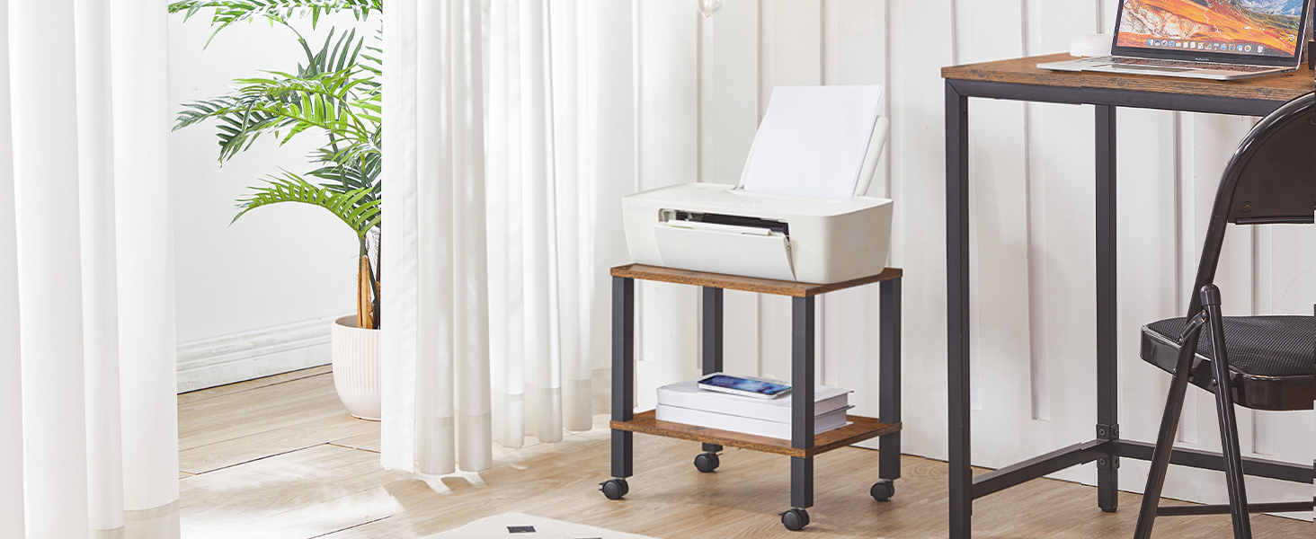 Industrial Rollable Printer Stand with Lockable Casters, 2-Tier Printer Trolley for Office Fax Machine, Castanho Escuro & Preto