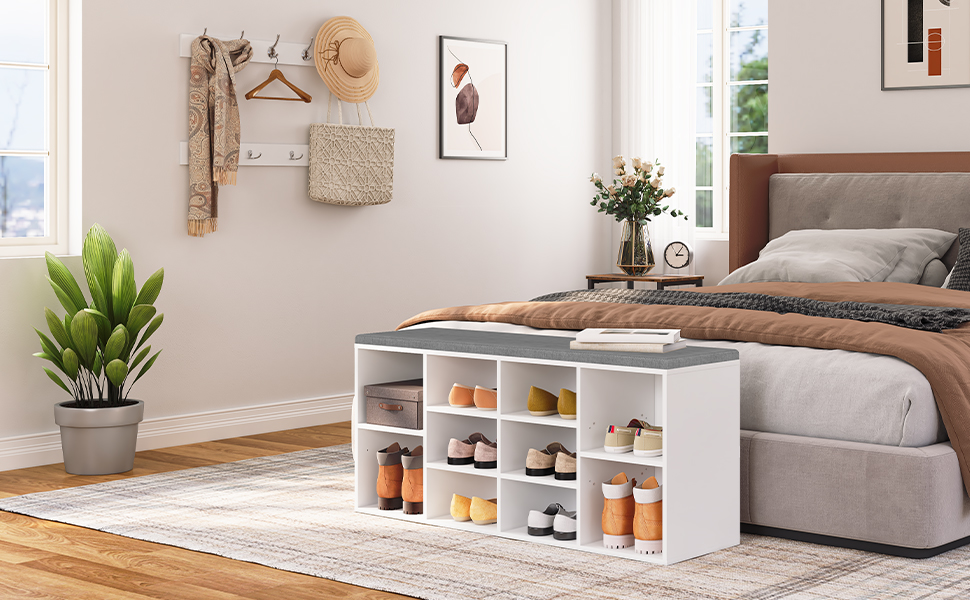 Panca portaoggetti multifunzionale da ingresso con cuscino, 10 Compartimenti & 9 Ganci appendiabiti, Panca scarpiera per ingresso, Corridoio e camera da letto, Bianco & Grigio