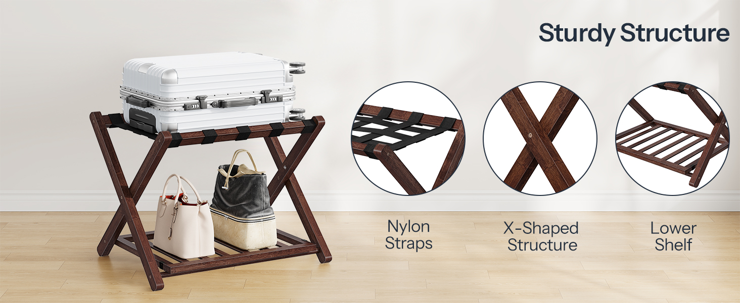 رف أمتعة من الخيزران قابل للطي مع رف تخزين مزدوج الطبقة, دعم حزام النايلون, 110 سعة تحميل رطل, يناسب حقائب السفر مقاس 26 بوصة, للفندق & غرفة نوم, بني