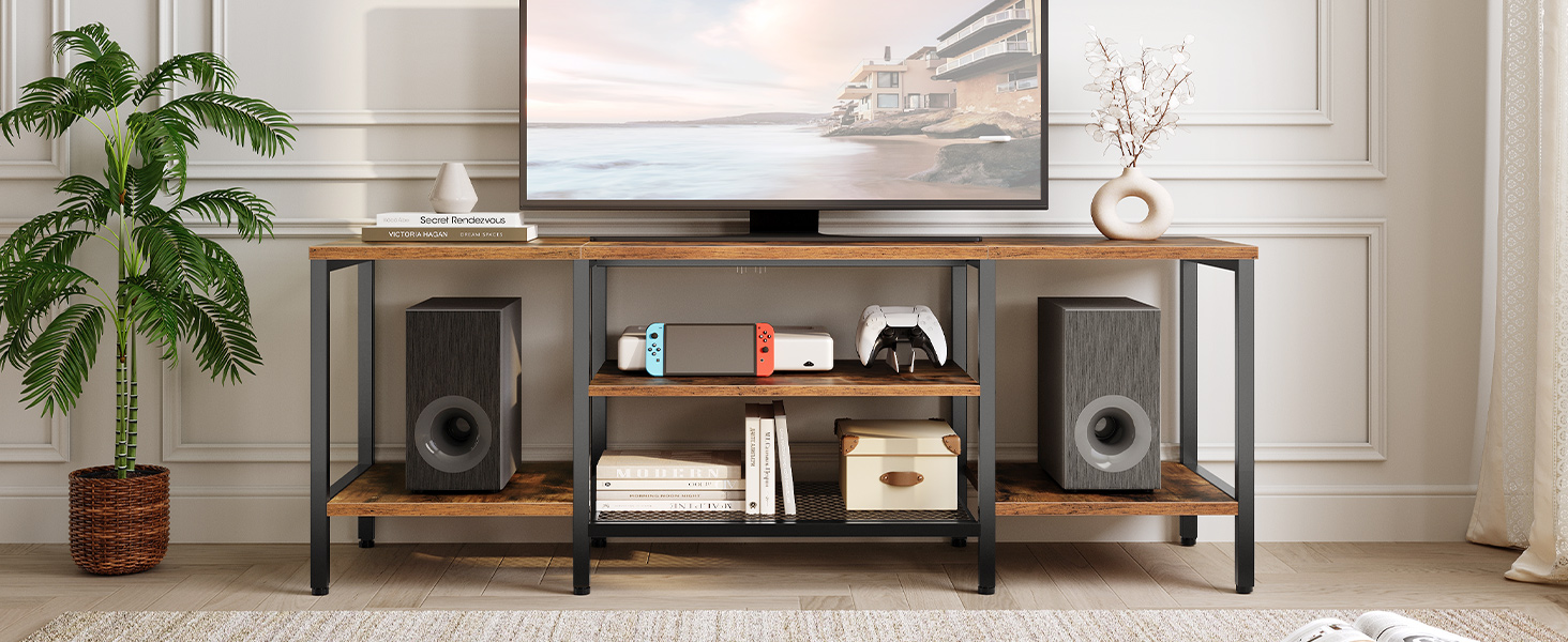 TV Cabinet with 3-Tier Open Compartments, Retro-Braun & Black Multifunctional TV Stand Suitable for TVs Up to 65 Zoll, Industrial-Style Storage Lowboard for Living Room