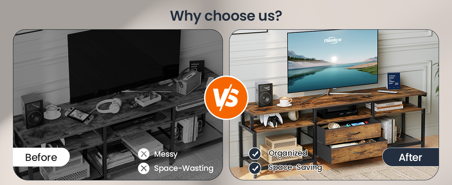 TV Stand Unit, Media Console Table with Open Storage Shelves and 2 Gavetas de tecido, Adequado para sala de estar, Quarto, Rústico Marrom e Preto