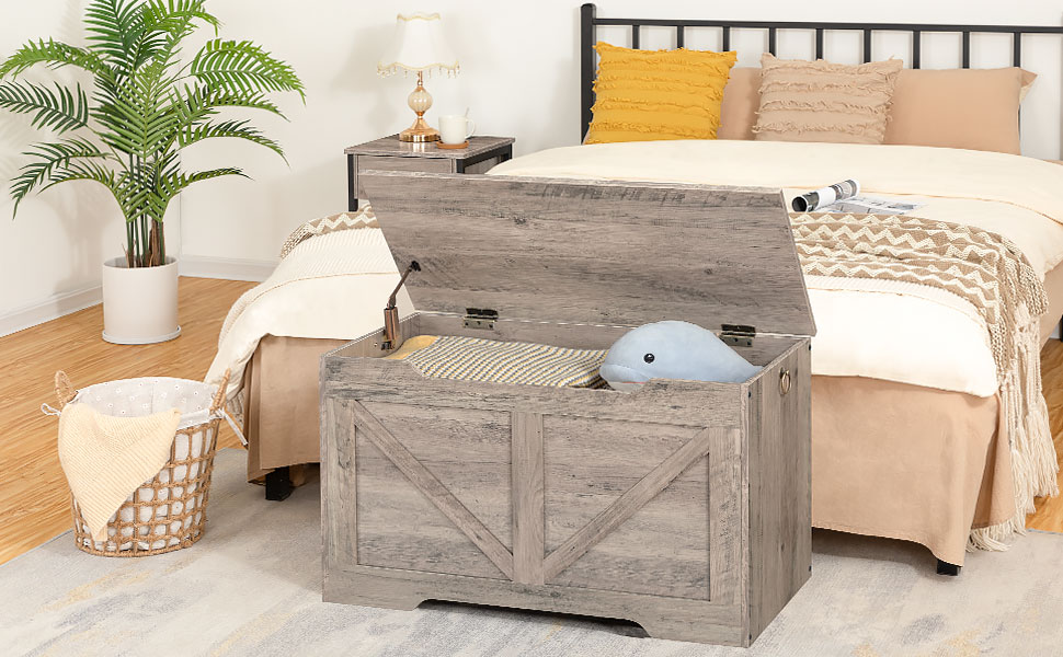 Storage Chest, Retro Toy Box Organizer with U-Shaped Cut-Out Pull, Storage Bench, Safety Hinge, Sturdy Toy Chest, Wooden, Supports 220 lb, Easy Assembly, Grey