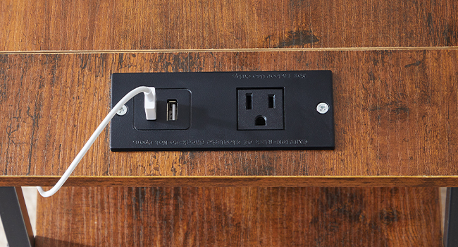 Endebord med ladestation, Smal sidebord, Natbord med 2 Ikke-vævede skuffer, Slankt sofabord, til små rum, Stue, Soveværelse, Rustik brun og sort