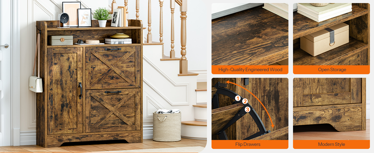 Shoe Storage Cabinet with 2 Flip Drawers, Slim Entryway Shoe Cabinet with Adjustable Side Storage, Wooden Shoe Organizer for Hallway, Rustic Brown