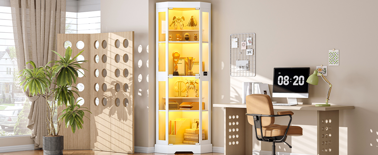 Corner Display Cabinet with Glass Doors, Glass Display Cabinet with LED Lights, 6-Tier Curio Cabinet for Collectibles & Books, Modern Corner Bookcase, White