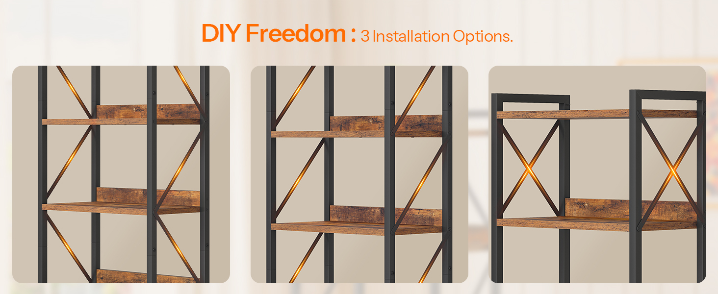 6-Tier Industrial Bookshelf, Metal-Frame Bookcase Storage Organizer, Tall Display Shelf for Living Room, Bedroom, Home Office and Kitchen, Rustic Brown & Black