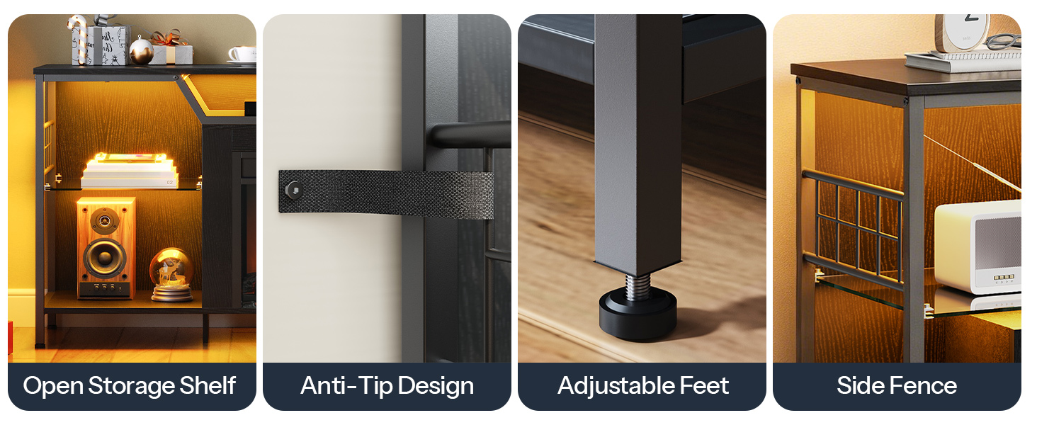 Krbový TV stojan HOOBRO s LED světly, Elektrický TV stolek s krbem s nabíjecí stanicí, Zábavní centrum s krbem, Media TV konzole, pro televizory až 65 Palec, Černý