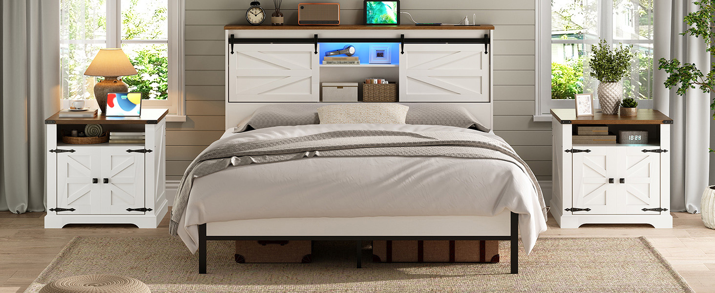 طاولة نهاية المزرعة البيضاء مع محطة الشحن, 24" غرفة معيشة طاولات نهاية كبيرة, طاولة جانبية أريكة مع باب الحظيرة, طاولة سرير من ناشئة مربع خشبية, فليب توب, الأبيض والجوز