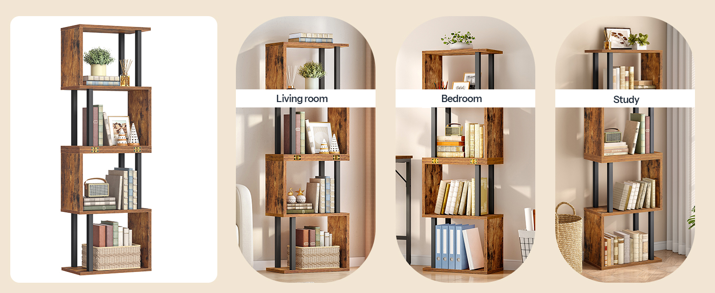 5 Geometrická knihovna ve tvaru písmene S, Dřevěný & Kovová multifunkční skládací knihovna, Moderní dekorativní stojan & Dělič pokojů, Vhodné do kanceláře a obývacího pokoje, Rustikální hnědá & Černá povrchová úprava