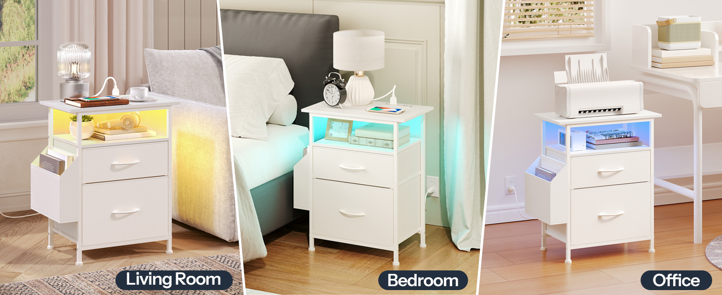 Nightstand with Charging Station and LED Light, End Table with Fabric Drawers and Side Pocket, Side Table with Outlet and USB Ports, Night Stand for Bedroom, White