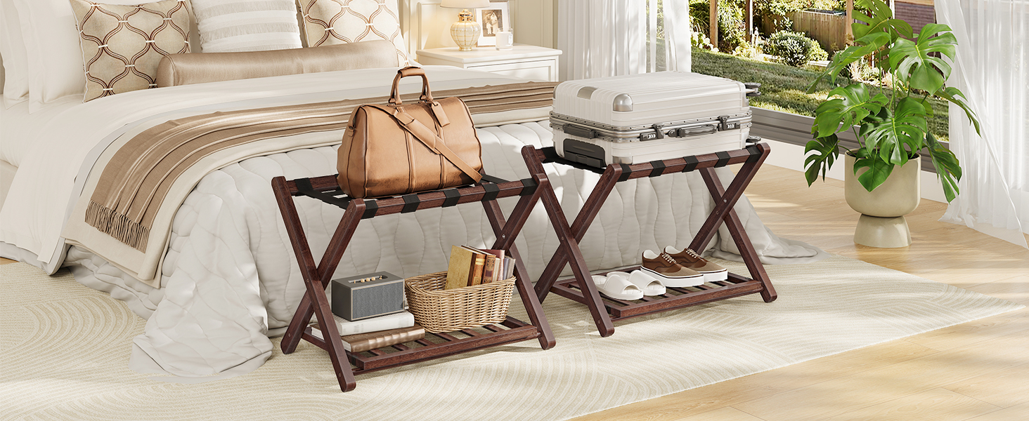 رف أمتعة من الخيزران قابل للطي مع رف تخزين مزدوج الطبقة, دعم حزام النايلون, 110 سعة تحميل رطل, يناسب حقائب السفر مقاس 26 بوصة, للفندق & غرفة نوم, بني