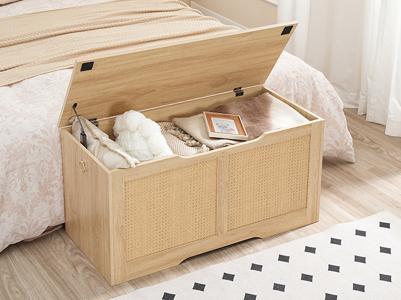 storage chest, 39.3" storage bench, rattan-like storage trunk, sturdy entryway bench supports 220 lb, shoe bench, safety hinge, u-shaped opening, easy assembly, natural