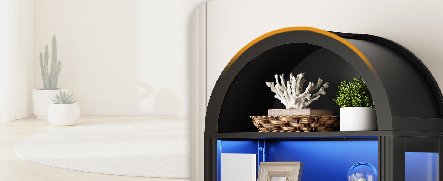 66.9-Inch Tall Arched Bookcase, Wooden Display Cabinet Integrated with LED Lighting, Farmhouse-Style Storage Shelf with 2 Drawers, Open Shelving for Living Room, Office & Bedroom, Black Finish