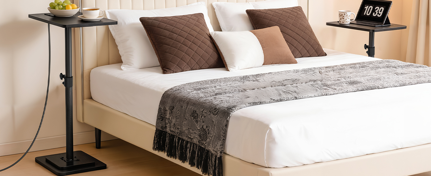 Adjustable Height End Table, 360° Swivel Narrow Side Table with Charging Station, Narrow Sofa Bedside Table for Small Space, Living Room, Bedroom, Black