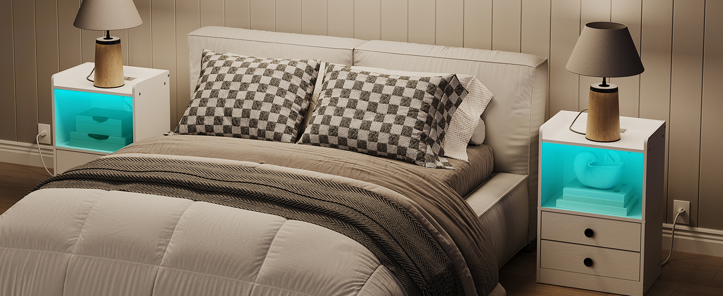 Modern LED Nightstand with Charging Function, White 2-Drawer Bedside Cabinet with USB Ports, Multifunctional End Table for Bedroom and Living Room