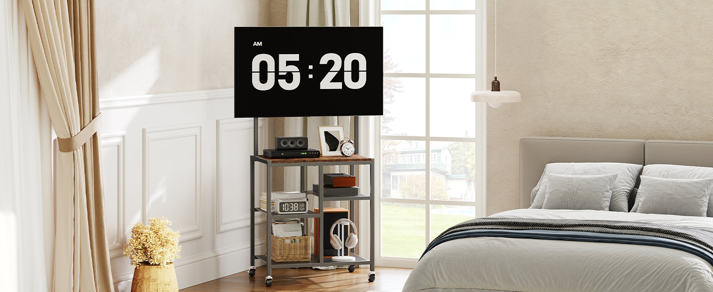 Mobile TV Stand with Wheels and Mount, Suitable for 50 Inch TVs, Corner Rolling Entertainment Center with Storage Shelves, for Small Spaces, Living Room, Bedroom, Study, Rustic Brown